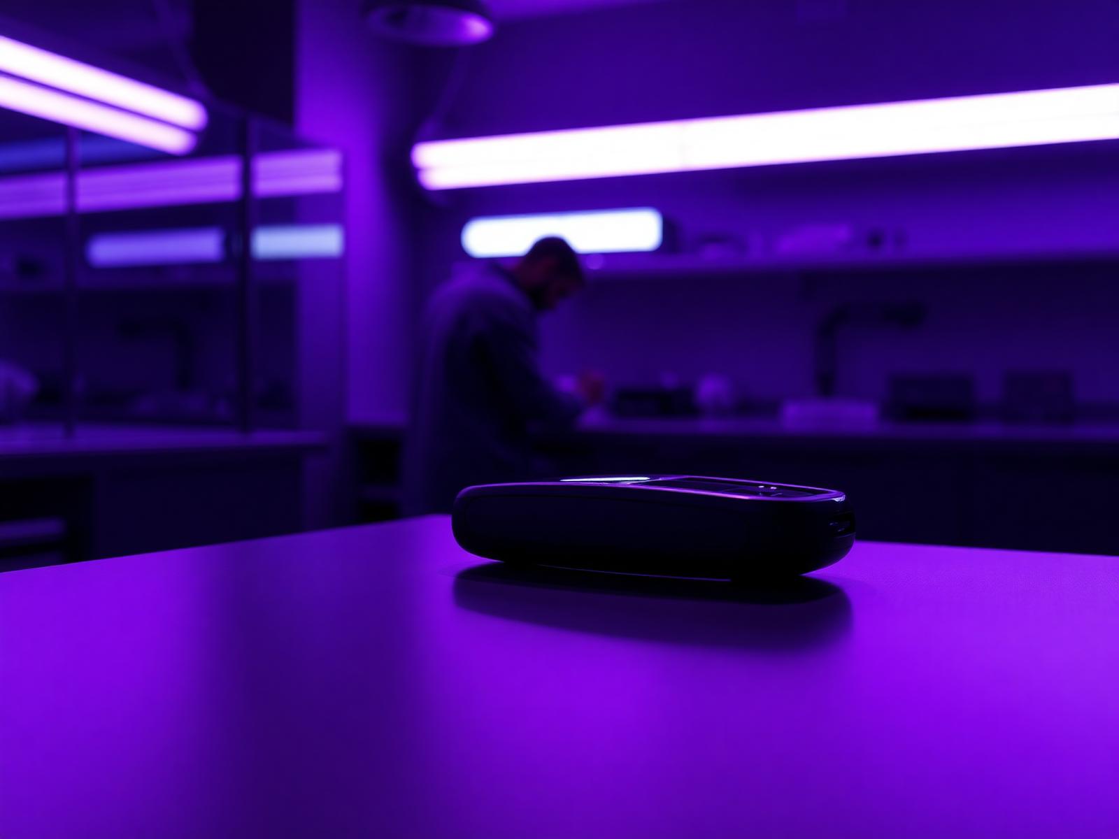 A sleek medical device prototype resting on a dark lab bench with an engineer working in the background